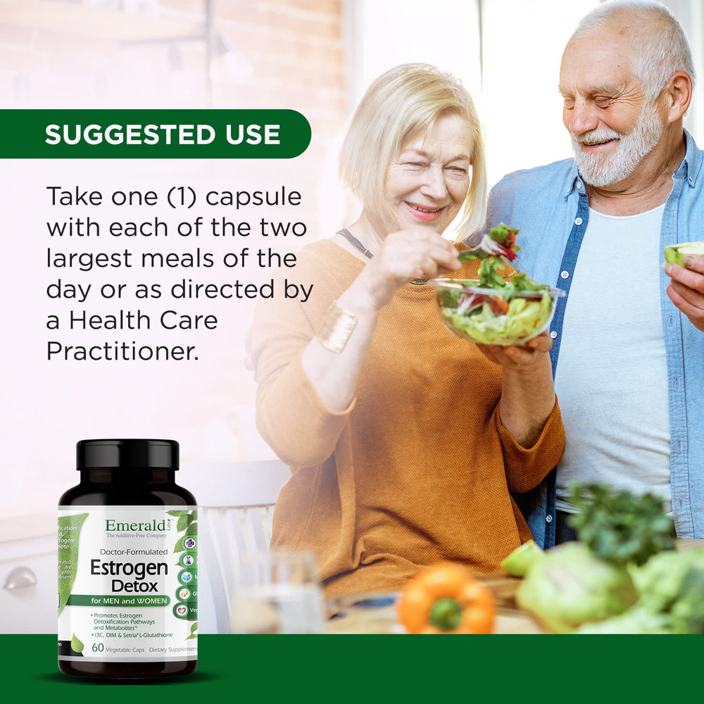 Emerald Labs Estrogen Detox vegan gluten-free symbols on packaging.