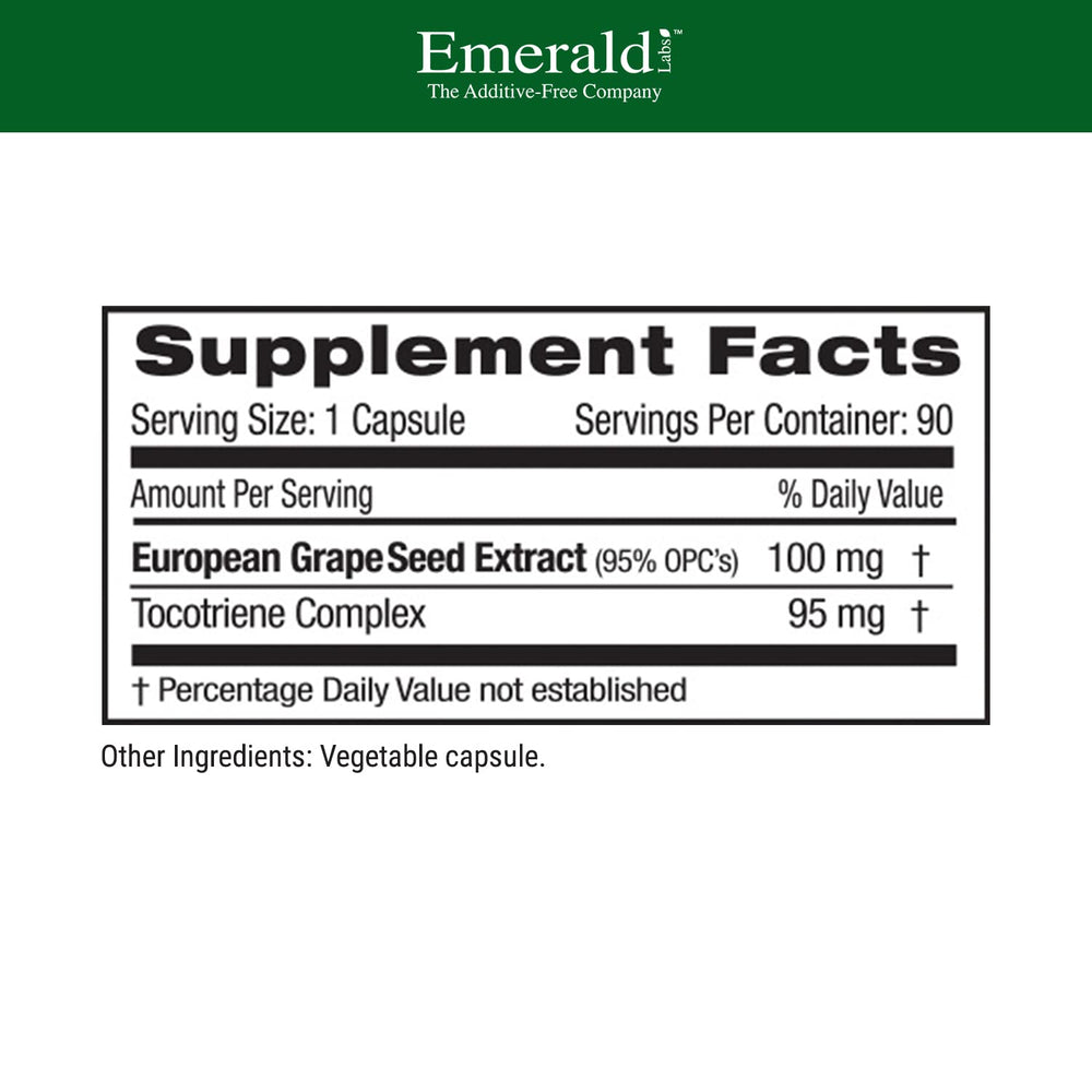 Emerald Labs grape seed extract label showing a clean, allergen-friendly formula