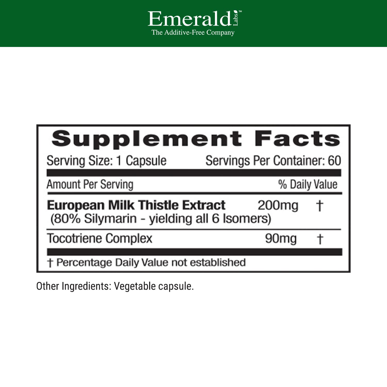 Emerald Labs European Milk Thistle bottle label emphasizes organic extract and liver support