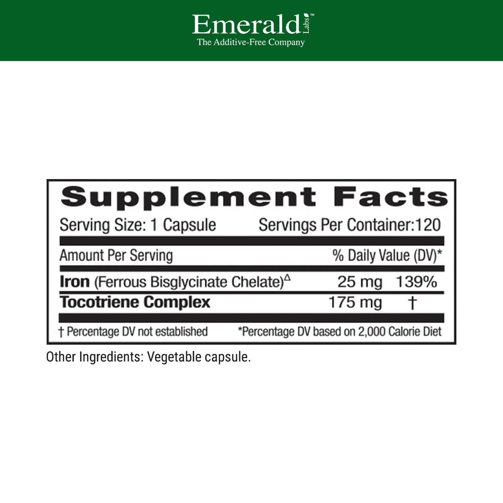 Close-up of Emerald Labs Gentle Iron capsules highlighting gentle iron for stomach comfort