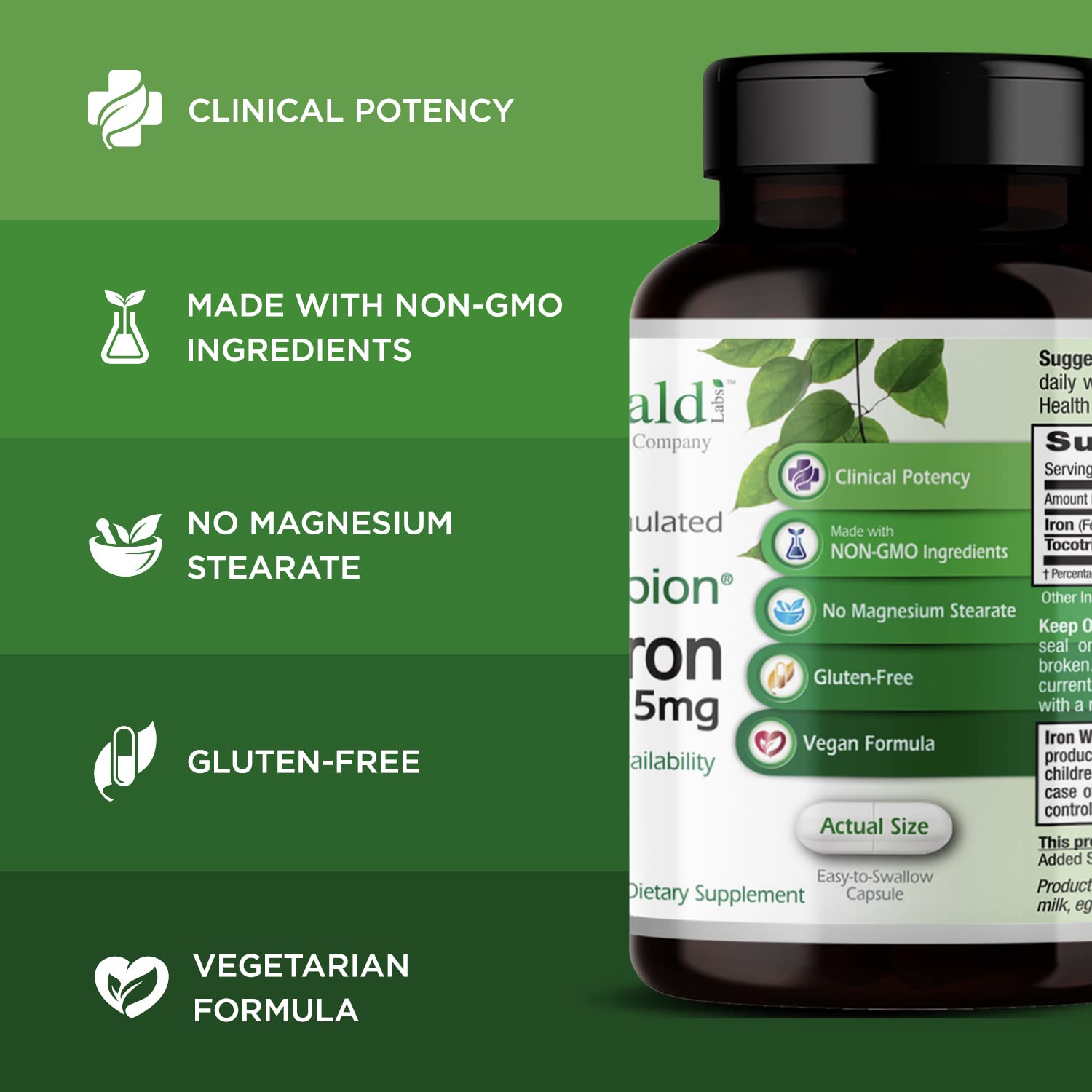 Ingredients panel of Emerald Labs Gentle Iron showing chelated iron for absorption