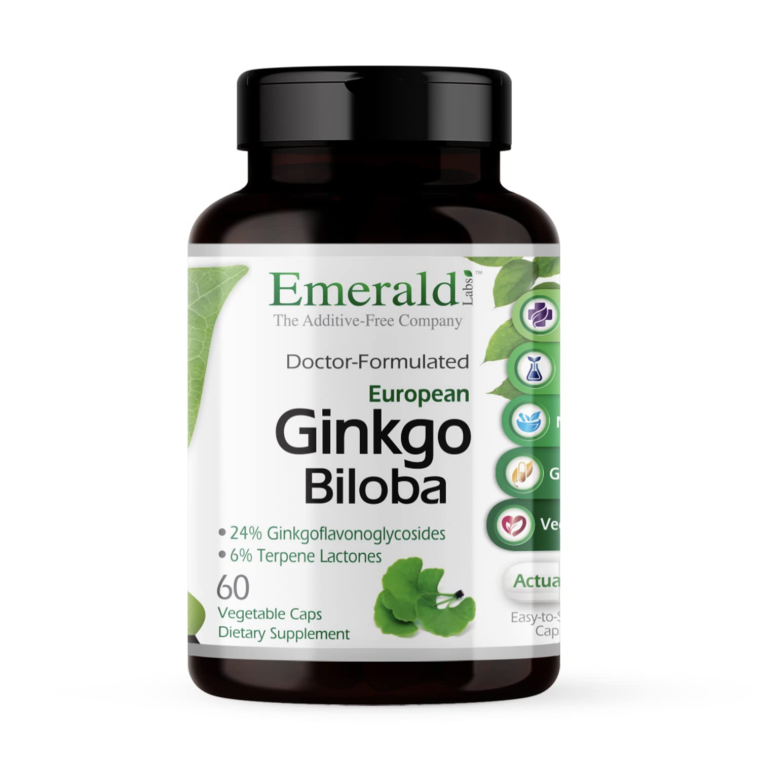 Emerald Labs Ginkgo Biloba extract bottle shows brain health support and antioxidant benefits.