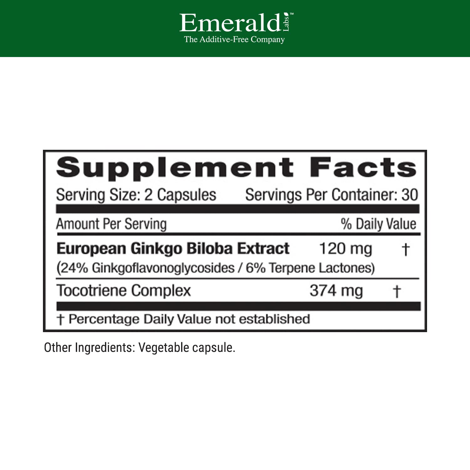 Emerald Labs Ginkgo Biloba extract capsules labeled with 120 mg European extract.