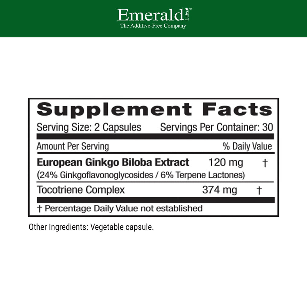 Emerald Labs Ginkgo Biloba extract capsules labeled with 120 mg European extract.