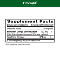 Emerald Labs Ginkgo Biloba extract capsules labeled with 120 mg European extract.