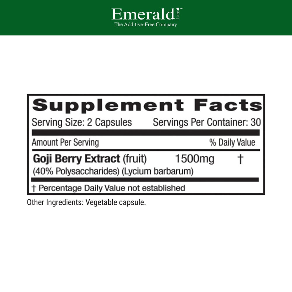 Emerald Labs Goji Berry label highlights vegan, gluten-free formula.