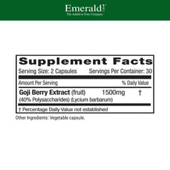 Emerald Labs Goji Berry label highlights vegan, gluten-free formula.