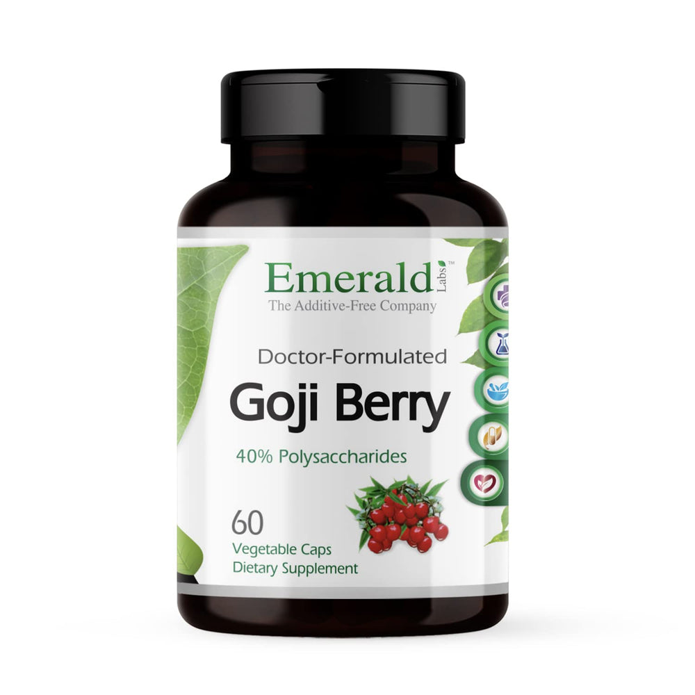 Emerald Labs Goji Berry capsules in a bottle for daily antioxidant support.