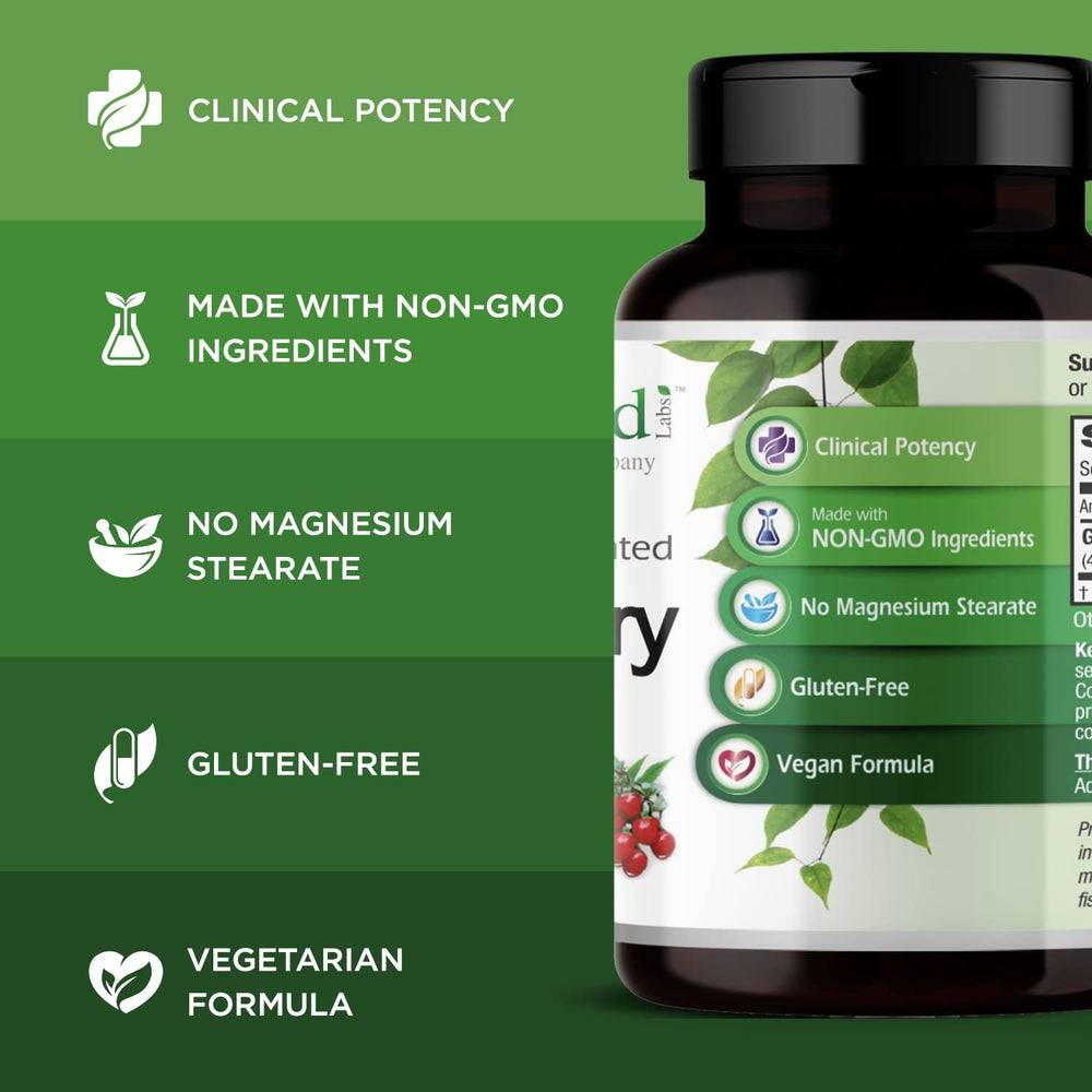 Vegan and gluten-free symbols on Emerald Labs Goji Berry packaging.