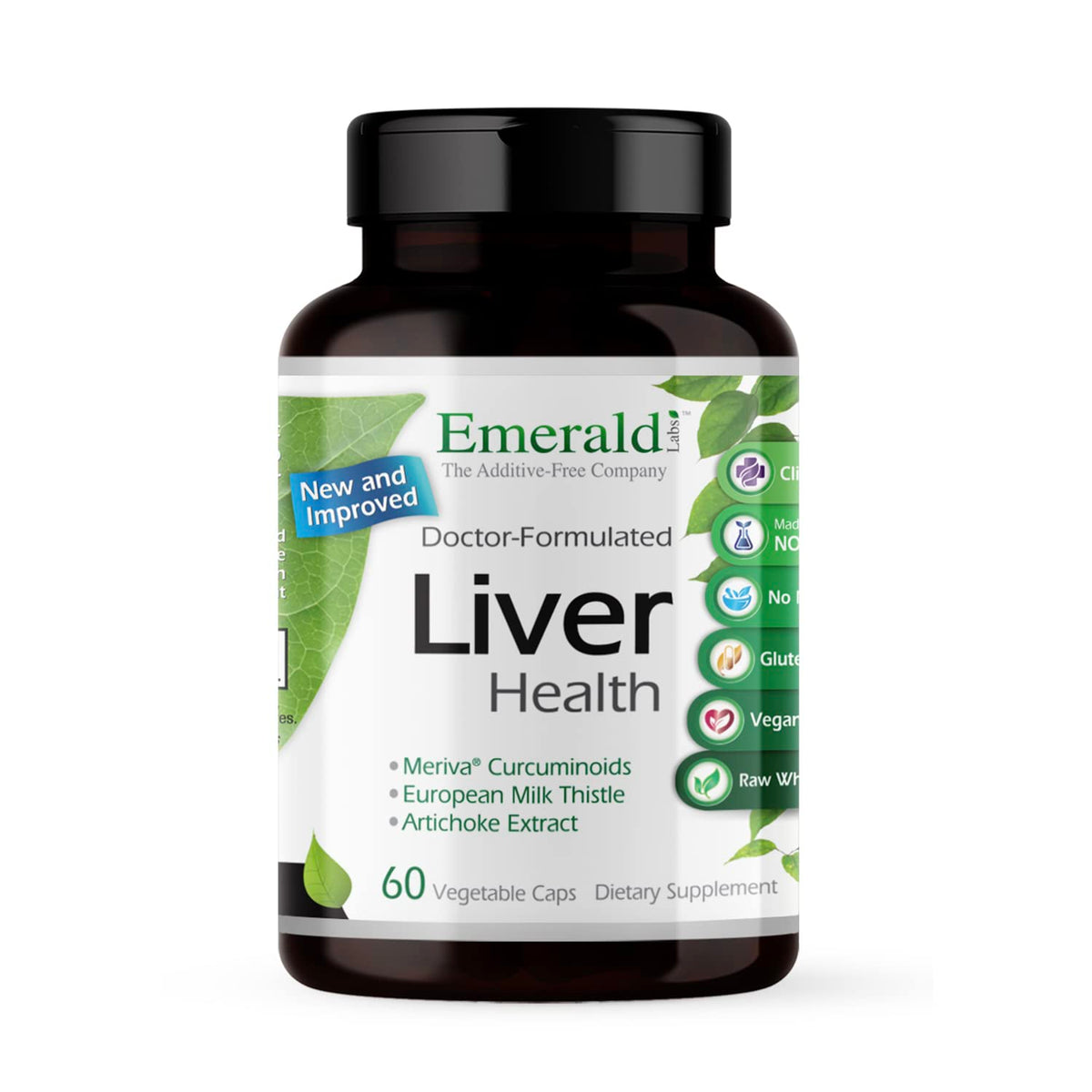 Emerald Labs Liver Health bottle front with daily liver support in vegan capsules.