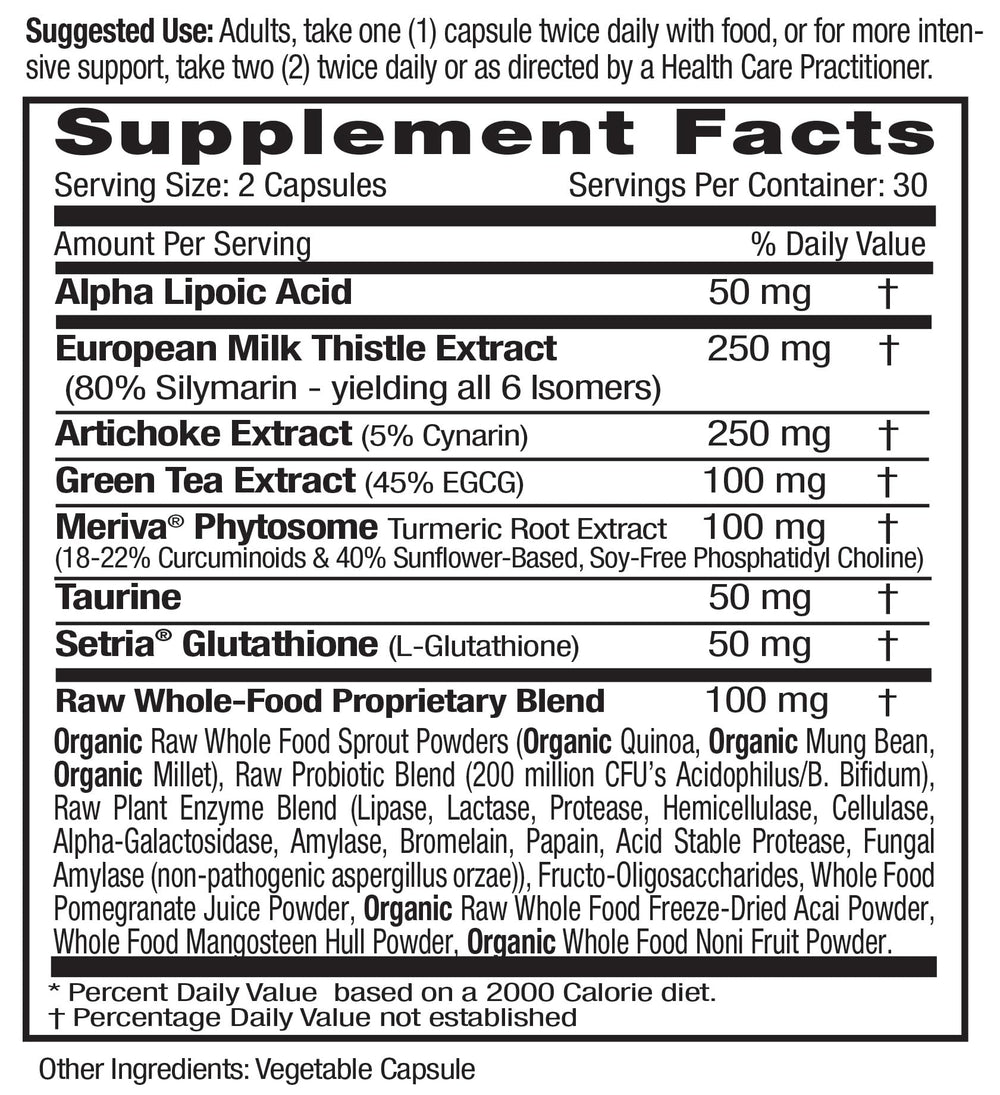 Emerald Labs Liver Health ingredients panel shows European milk thistle and artichoke extract.