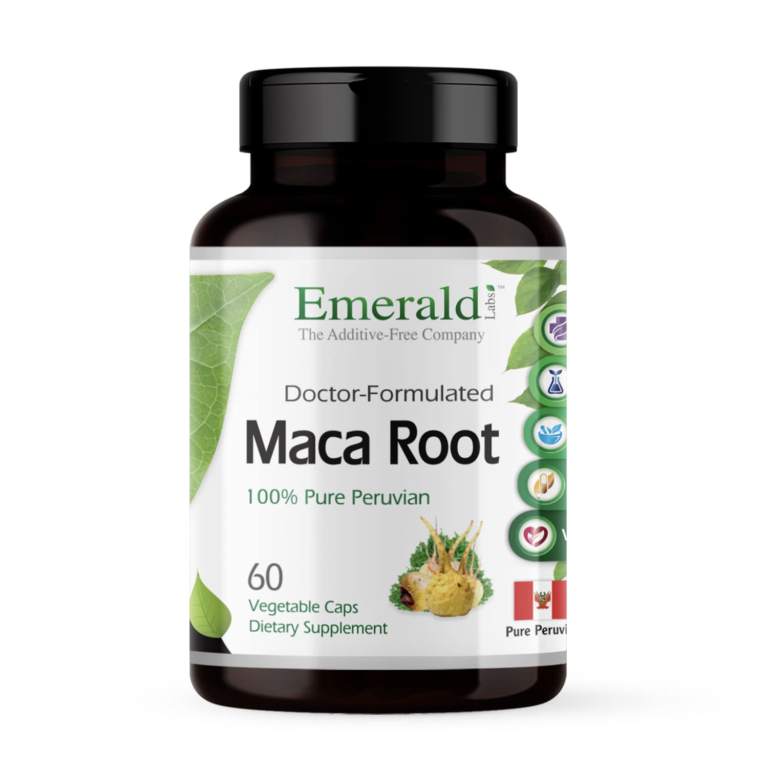 Emerald Labs Maca Root bottle illustrates natural energy support for daily activity.