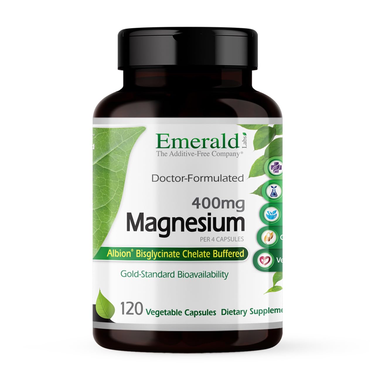 Emerald Labs Magnesium 400mg bottle front showing Albion magnesium for absorption