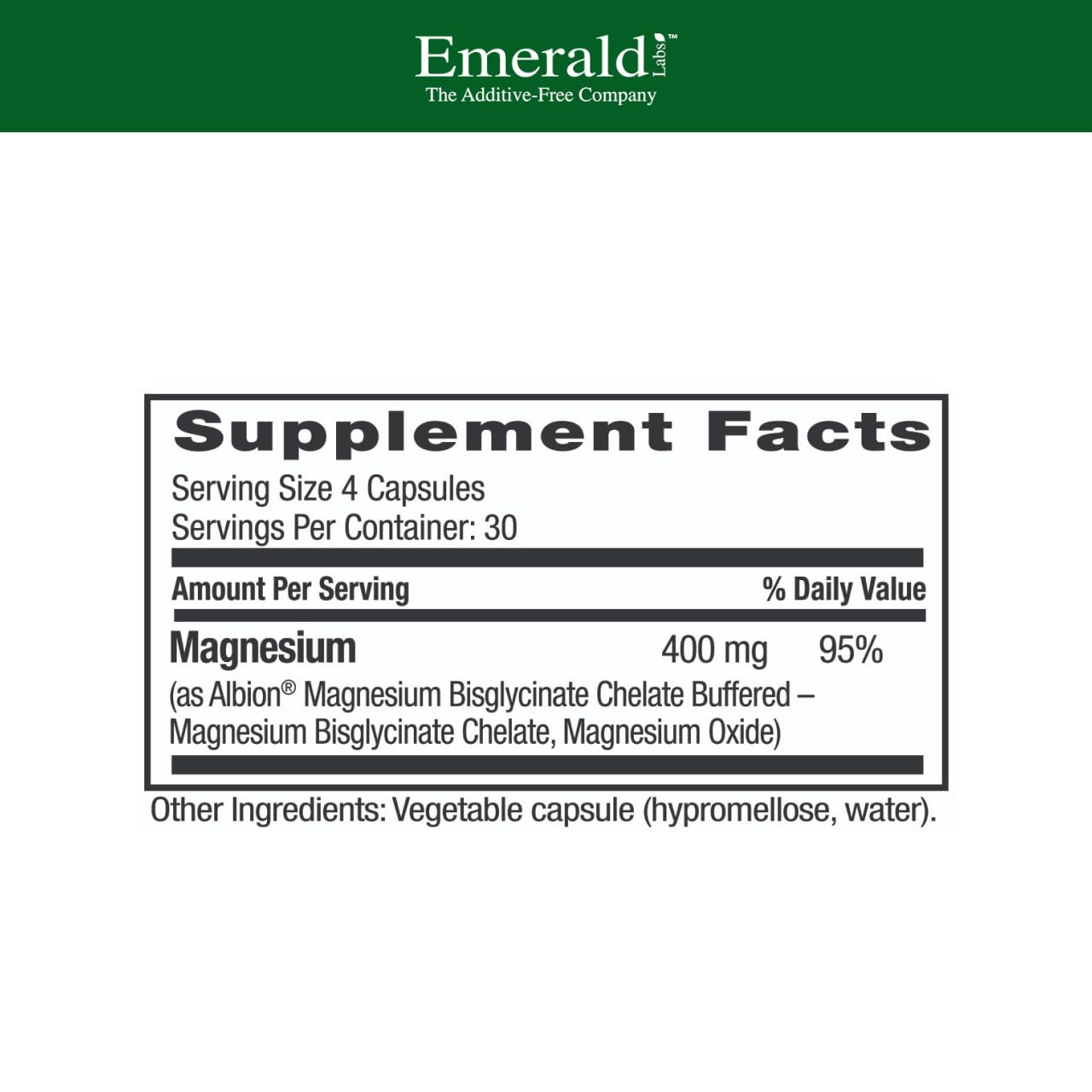 Emerald Labs Magnesium 400mg bottle side highlighting vegan-friendly formula