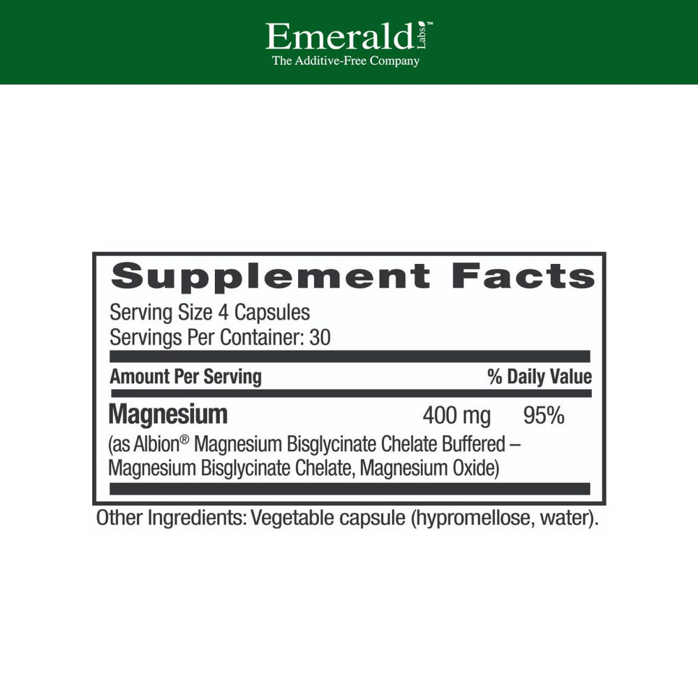 Emerald Labs Magnesium 400mg bottle side highlighting vegan-friendly formula