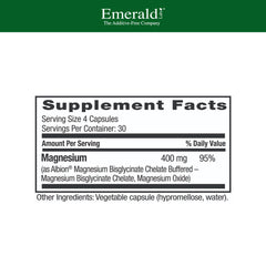 Emerald Labs Magnesium 400mg bottle side highlighting vegan-friendly formula