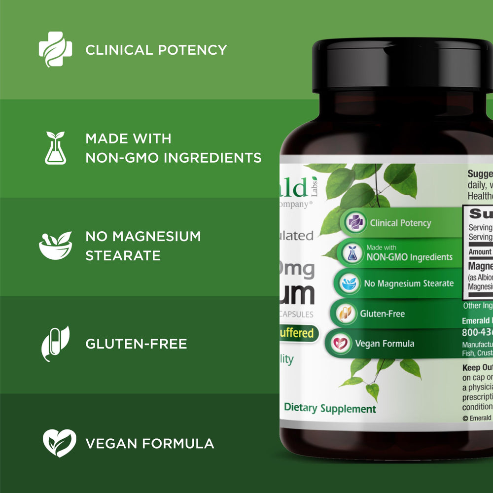 Label close-up for Emerald Labs Magnesium 400mg with Albion chelated magnesium information