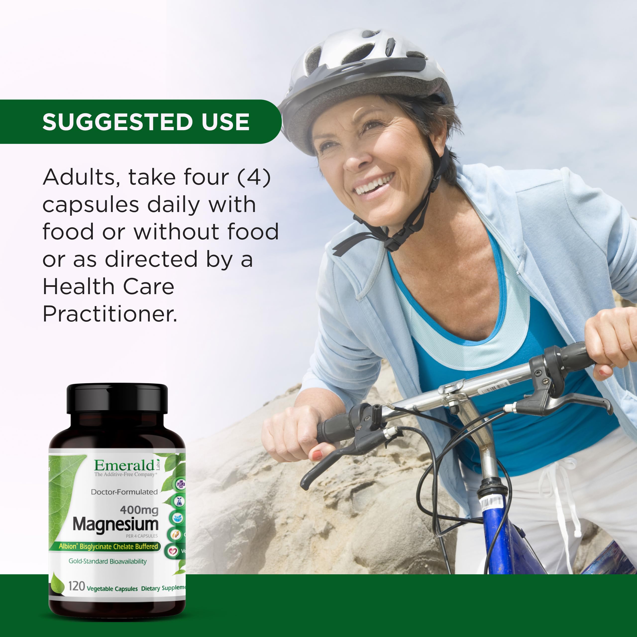 Pour shot of Emerald Labs Magnesium 400mg capsules illustrating convenient daily use