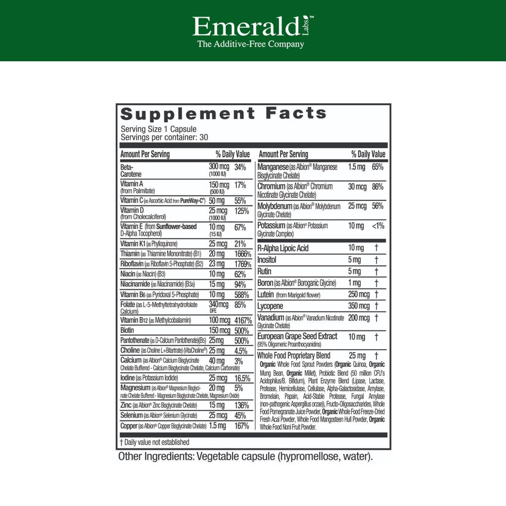 Emerald Labs Men's 1 Daily Multi capsules close-up showing additive-free formulation.