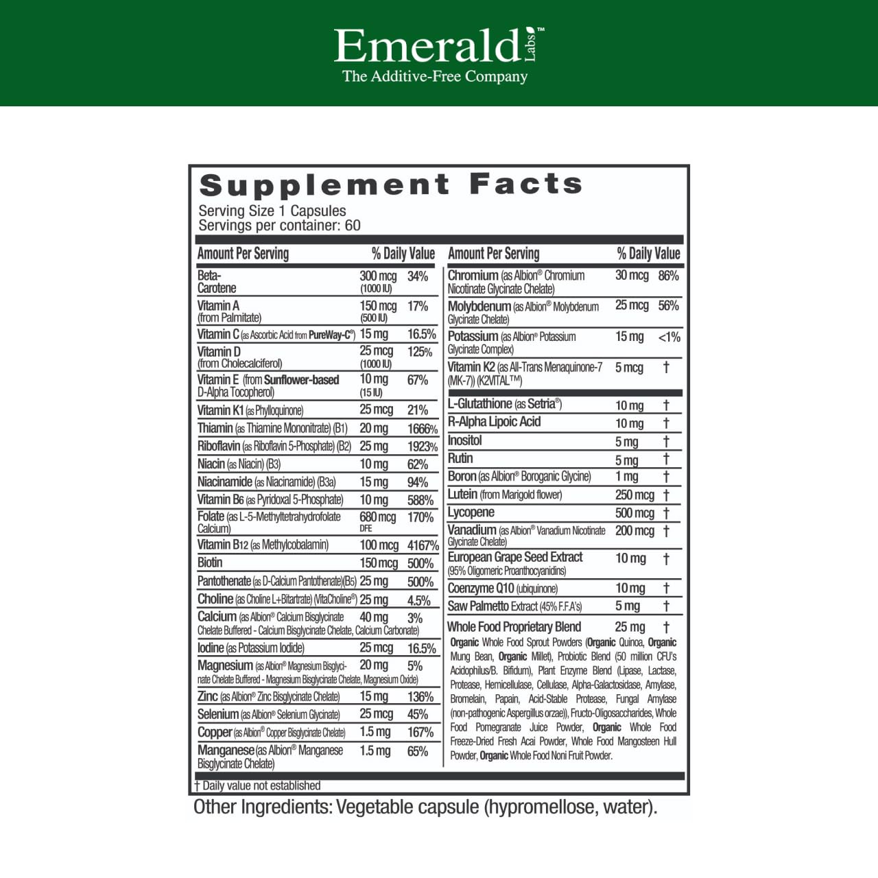 Close-up of Emerald Labs Men's 45+ 1-Daily Multi capsules illustrating vitamin-rich daily support.