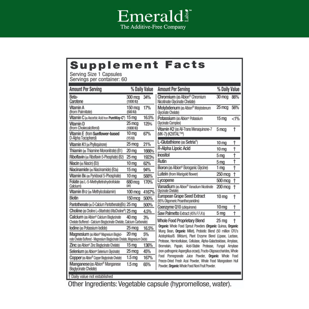 Close-up of Emerald Labs Men's 45+ 1-Daily Multi capsules illustrating vitamin-rich daily support.