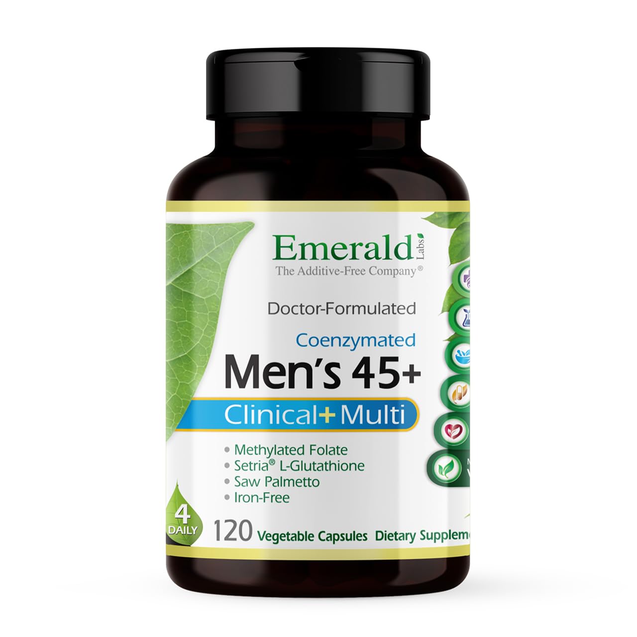 Emerald Labs Men's 45+ Clinical Multi bottle front, gluten-free vegetarian daily support.