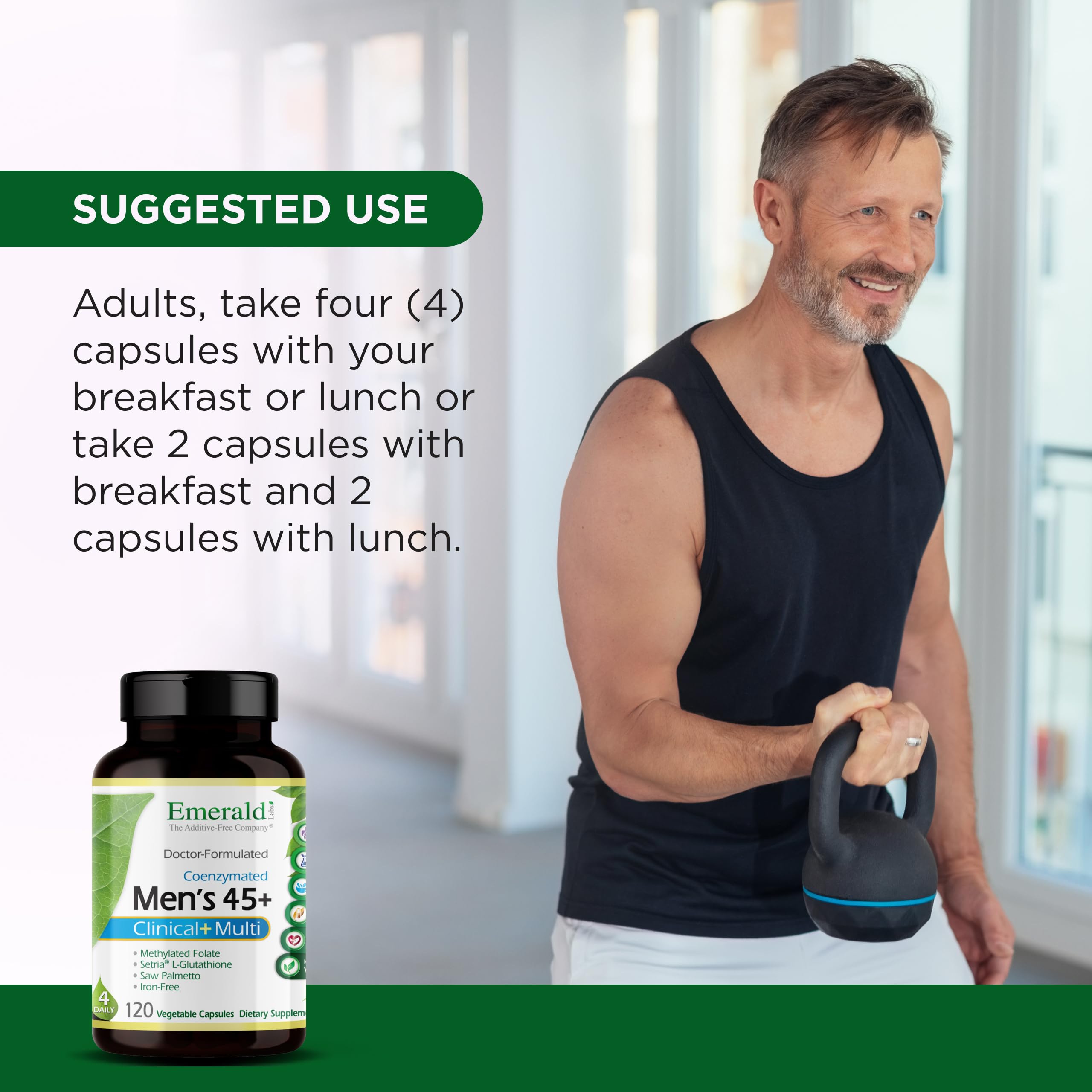 Emerald Labs Men's 45+ ingredients chart displays B vitamins, CoQ10, and saw palmetto.