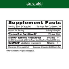 Meriva Turmeric Plus label close-up highlighting high bioavailability and immune support features