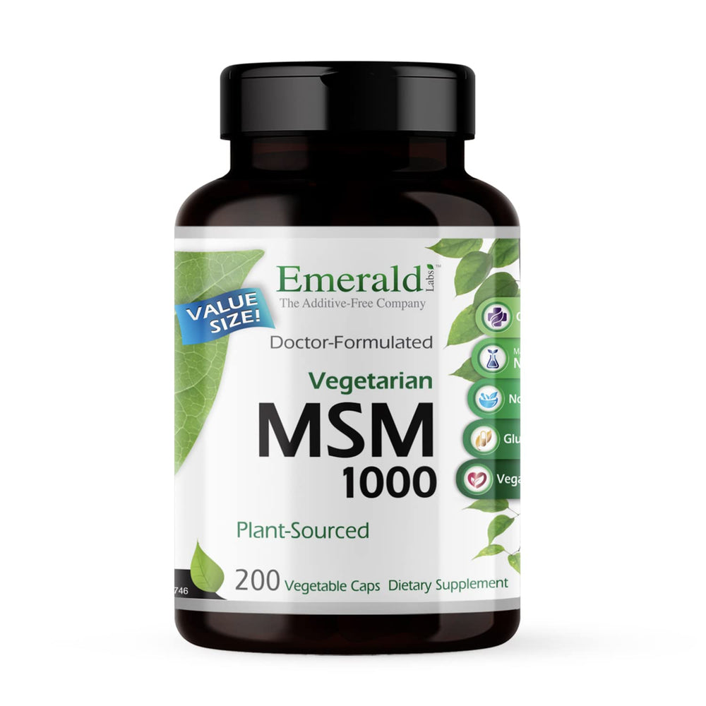 Emerald Labs MSM 1000mg capsules bottle for joint, immune, and liver support.