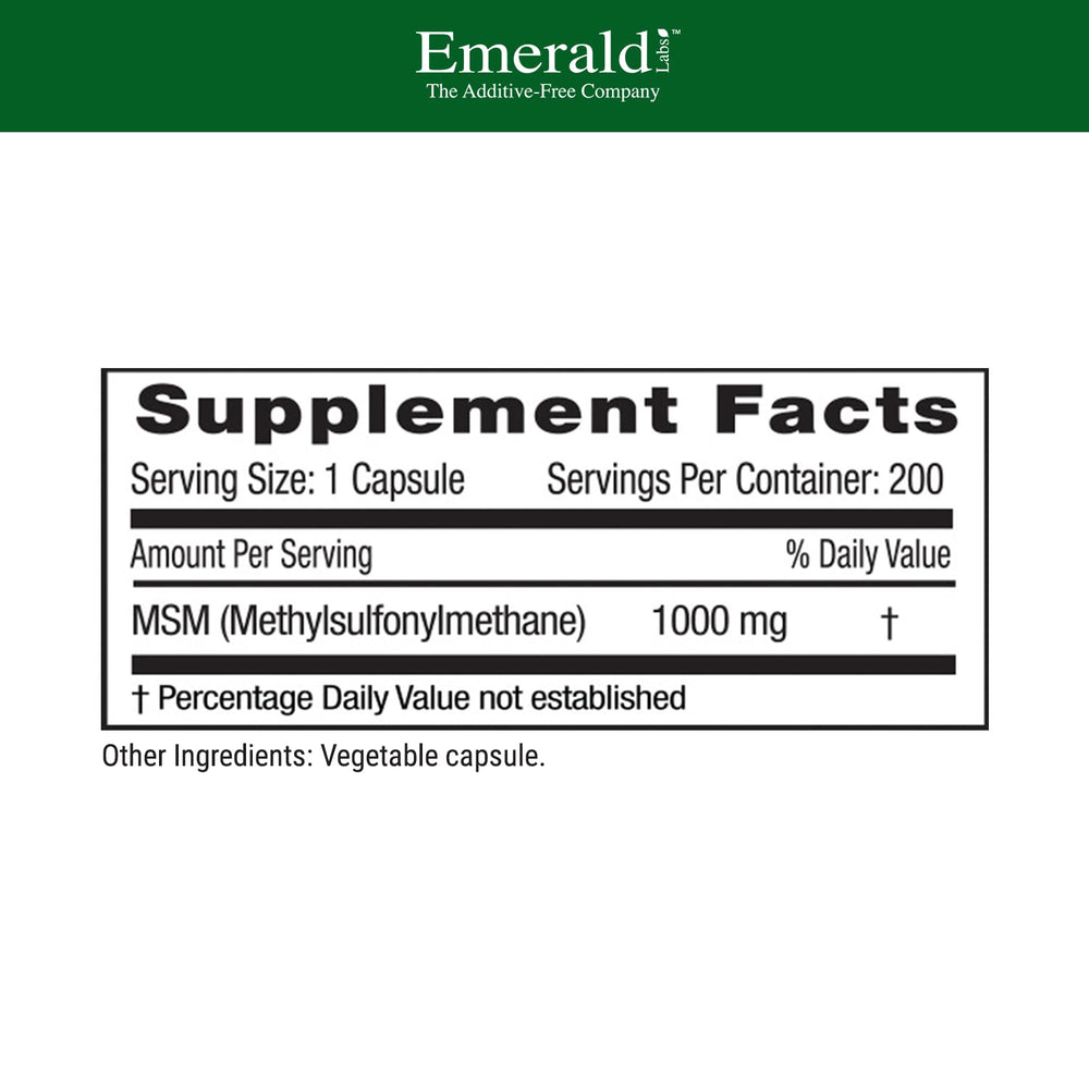 Emerald Labs MSM bottle closeup highlighting capsule texture and pure formulation.