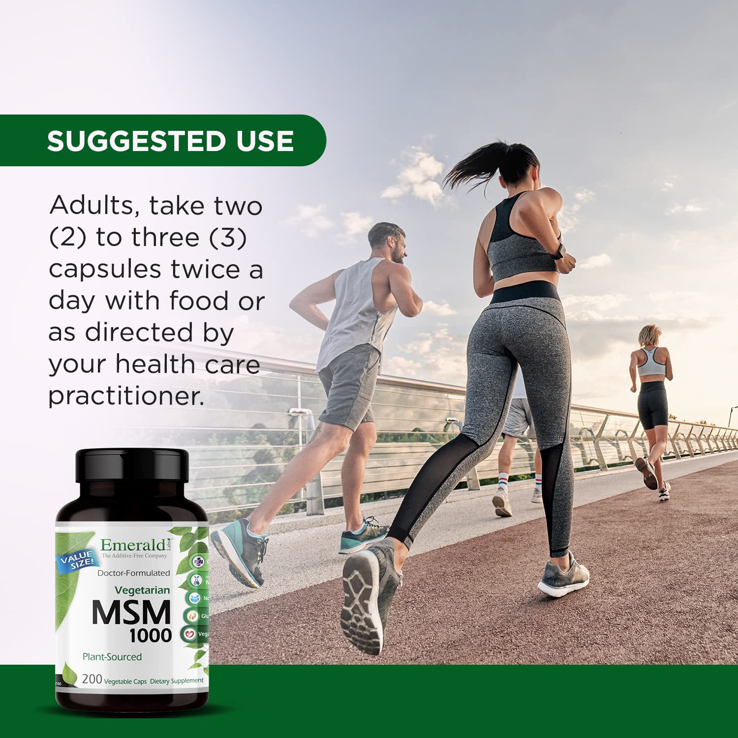 Emerald Labs MSM bottle on kitchen counter evokes daily wellness routine.