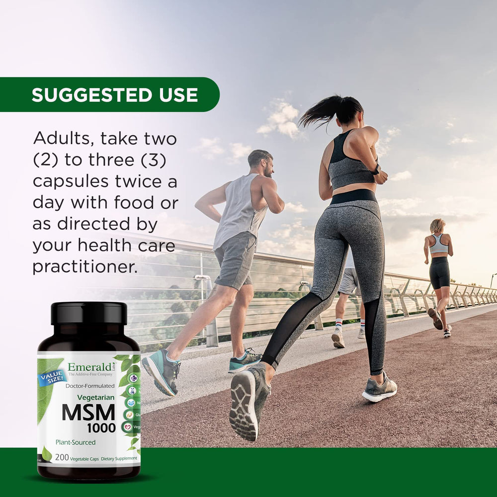 Emerald Labs MSM bottle on kitchen counter evokes daily wellness routine.