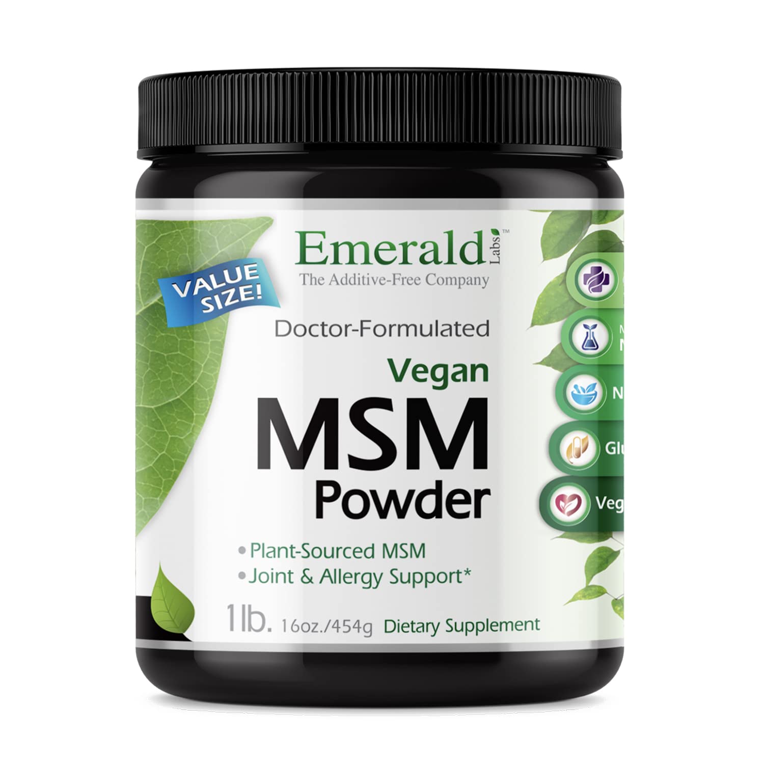 Emerald Labs MSM powder bottle closeup highlighting joint support potential