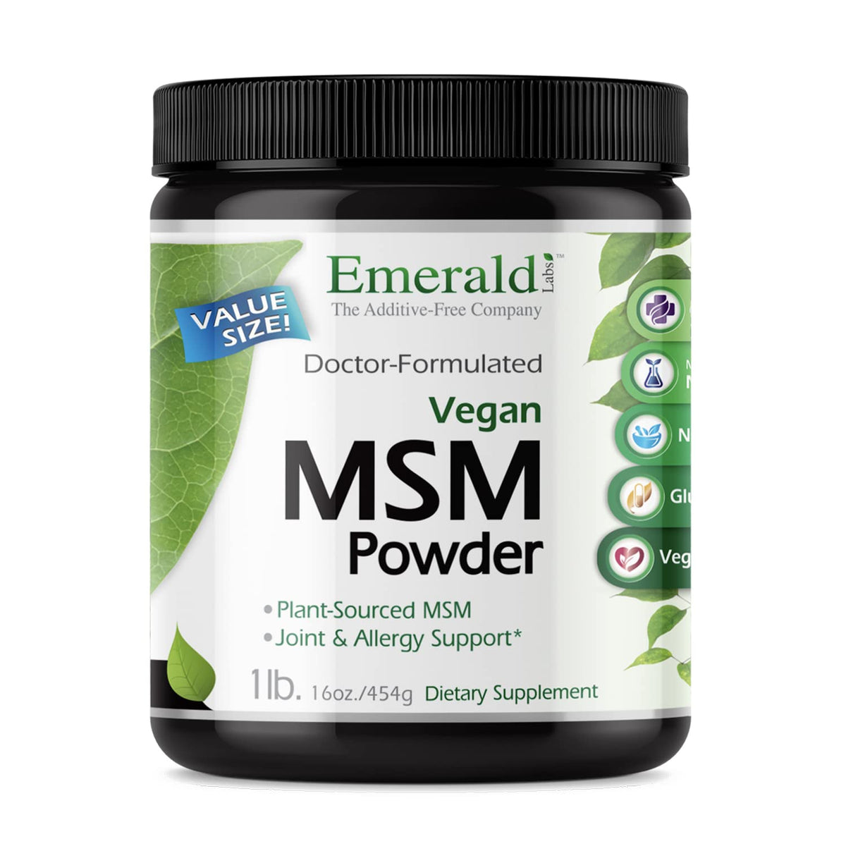 Emerald Labs MSM powder bottle closeup highlighting joint support potential