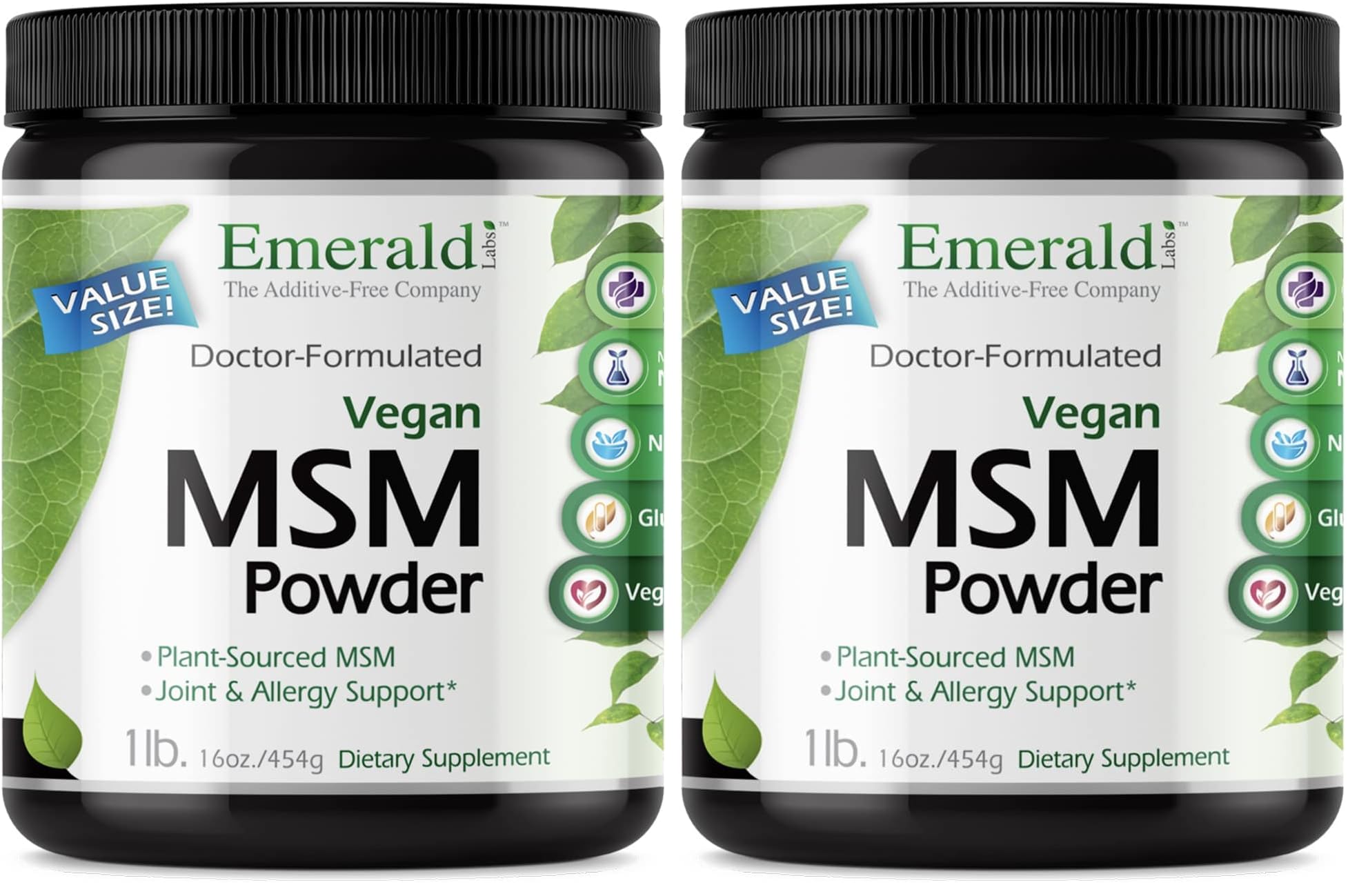 Emerald Labs MSM powder bottle showcases plant-sourced formula for joints and skin.