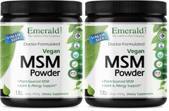 Emerald Labs MSM powder bottle showcases plant-sourced formula for joints and skin.