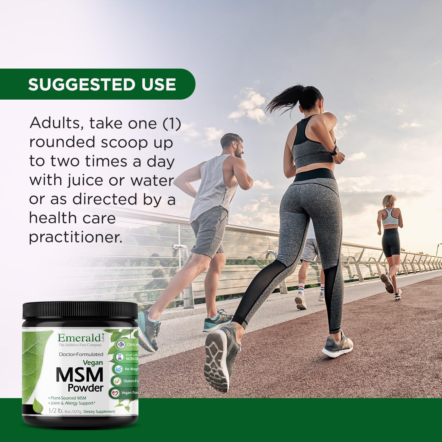 Emerald Labs MSM powder jar closeup emphasizing additive-free formulation