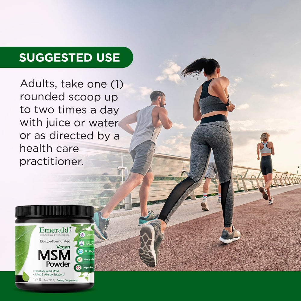 Emerald Labs MSM powder jar closeup emphasizing additive-free formulation