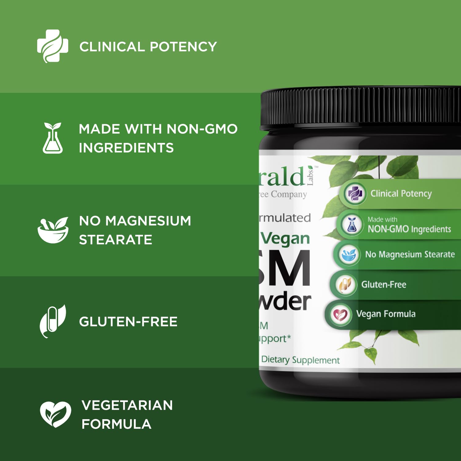 Emerald Labs MSM powder label closeup showing vegan and gluten-free claims