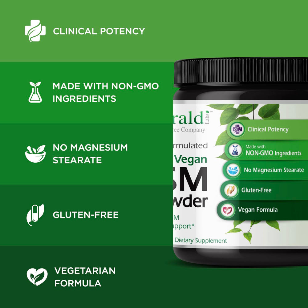 Emerald Labs MSM powder label closeup showing vegan and gluten-free claims