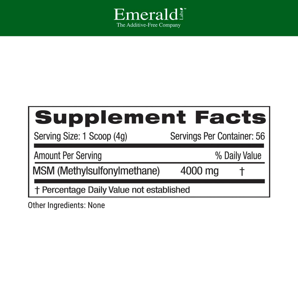 Emerald Labs MSM powder measuring scoop ready for convenient daily dosing