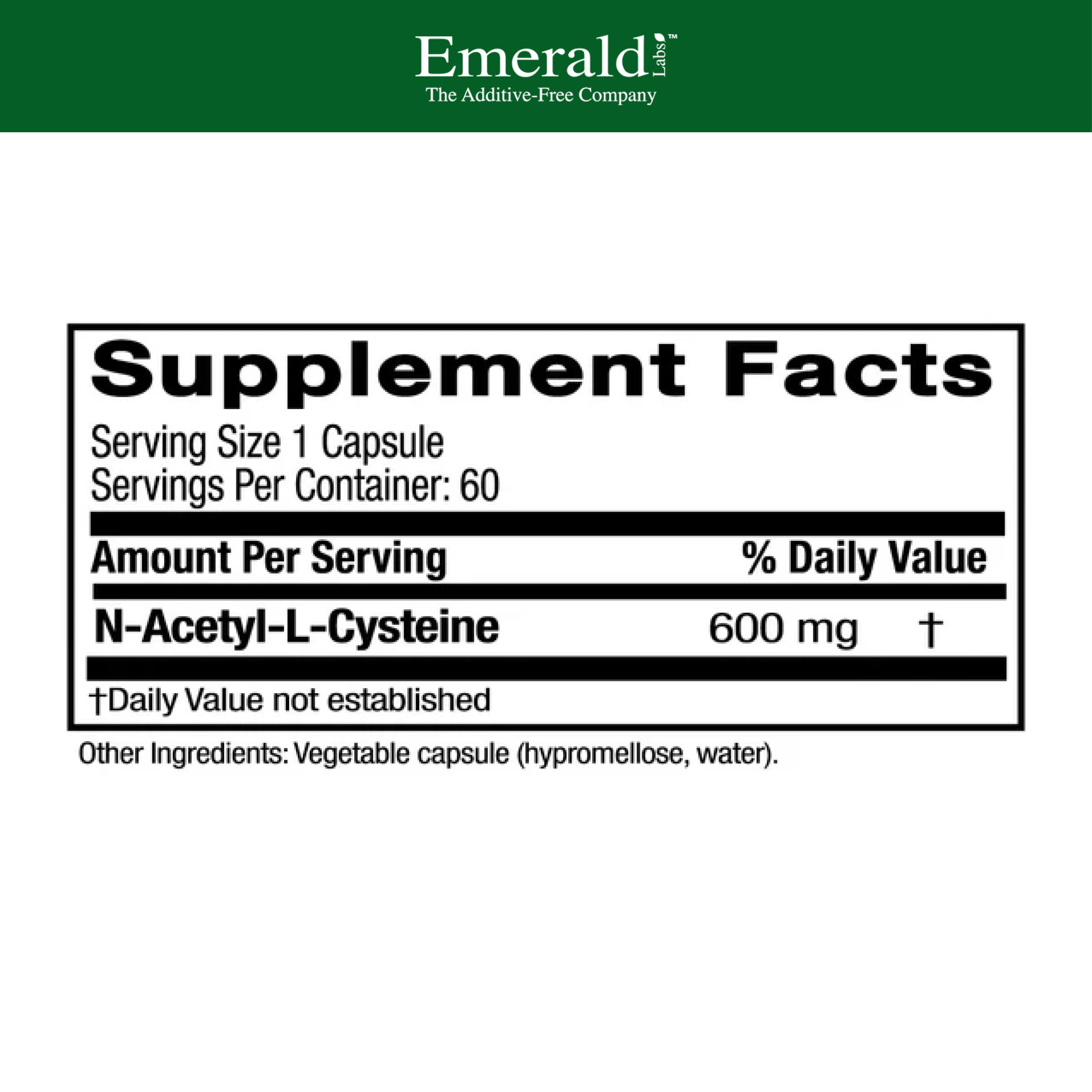 Emerald Labs NAC 600mg bottle label highlights vegan, allergen-free seal.