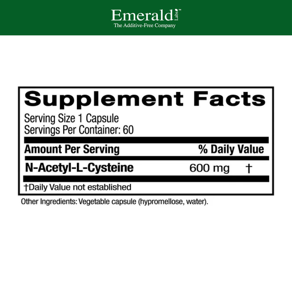 Emerald Labs NAC 600mg bottle label highlights vegan, allergen-free seal.