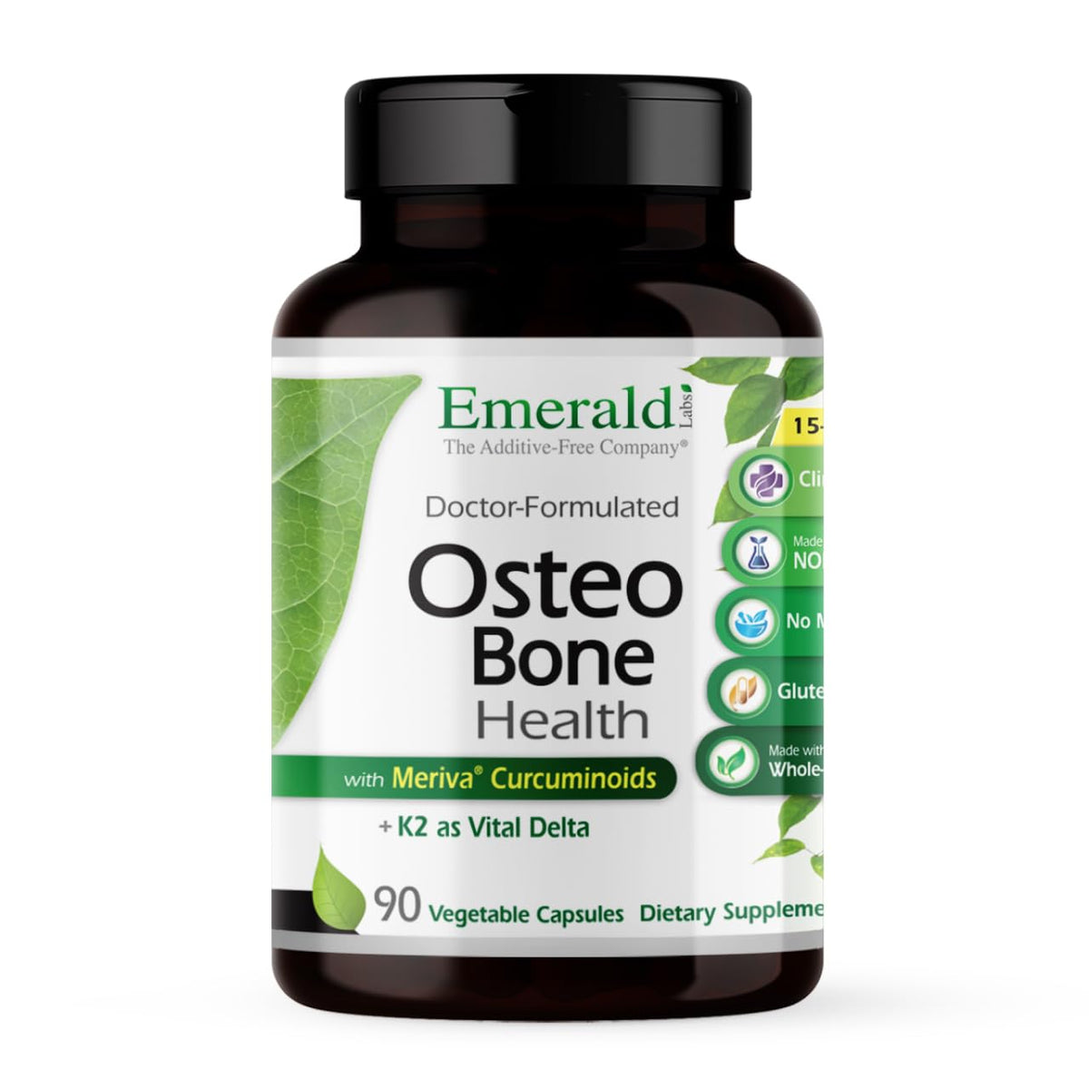 Emerald Labs Osteo bottle front shows immune and bone support benefits.