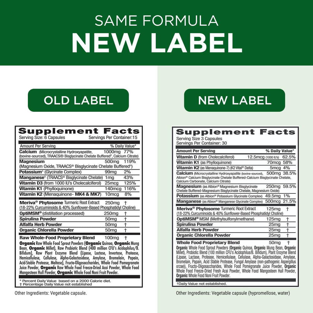 Whole-food blend visuals with sprouts and probiotics in Osteo.