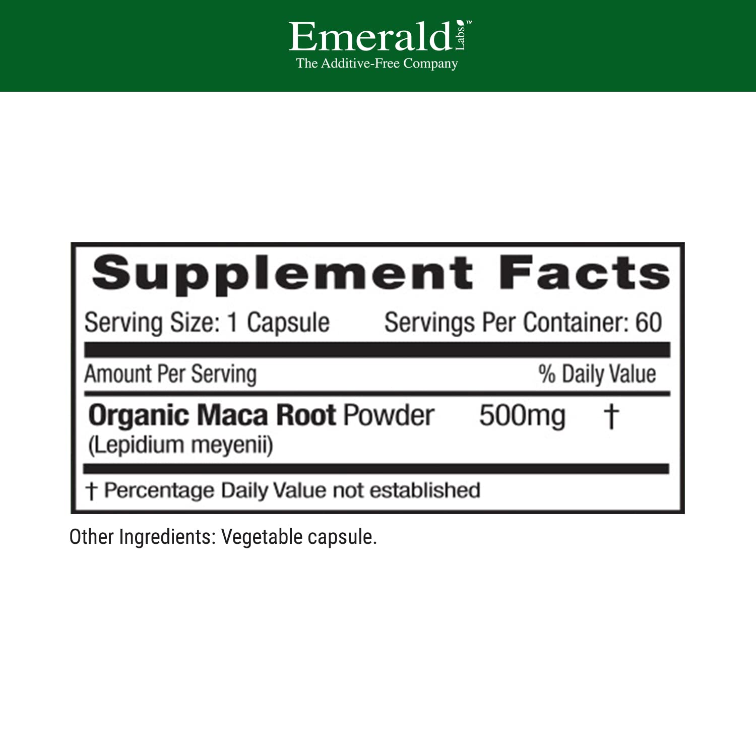 Emerald Labs Peruvian Maca capsules packaging suggests hormonal balance potential.
