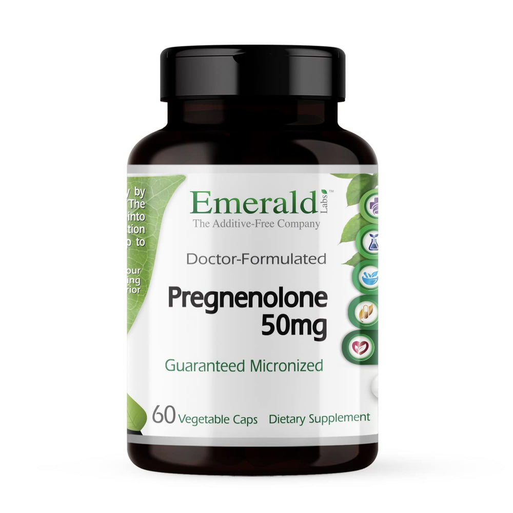 Emerald Labs Pregnenolone 50mg bottle promoting daily wellness and potential hormonal balance
