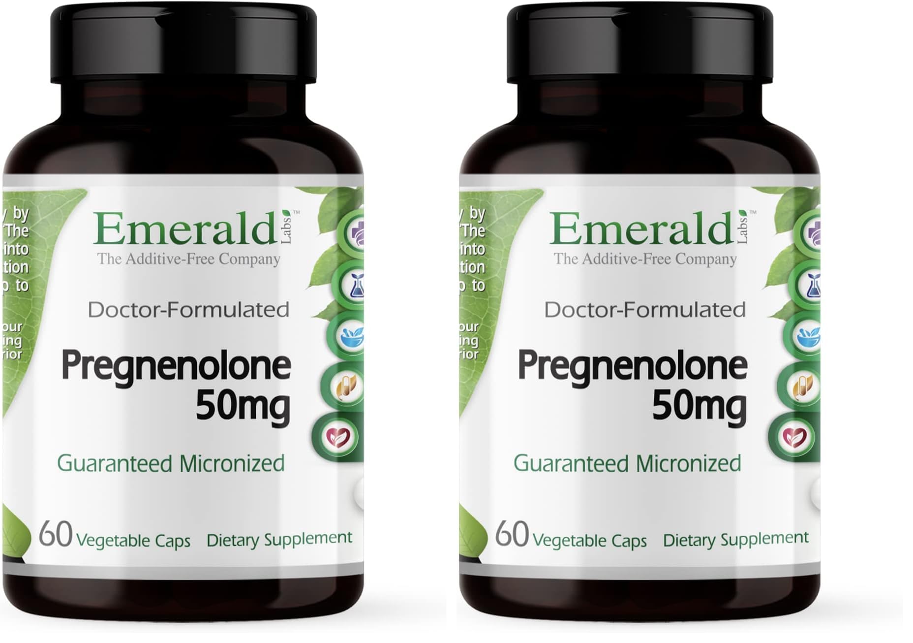 Emerald Labs Pregnenolone 50mg bottle on counter highlighting brain health support.