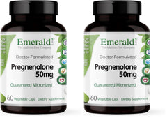 Emerald Labs Pregnenolone 50mg bottle on counter highlighting brain health support.