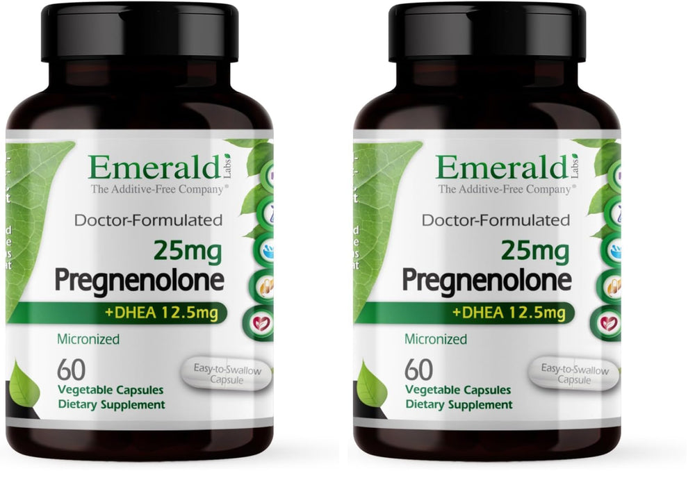 Emerald Labs Pregnenolone DHEA bottle front highlighting premium hormone support.
